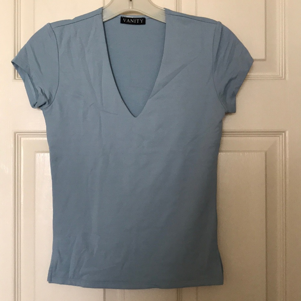 Dusty Blue Stretch V neck Shirt - Y2K Chic